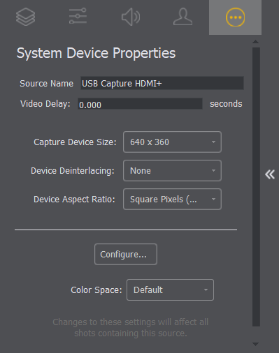 Set the properties of the input source in Wirecast