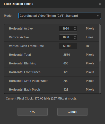 The EDID Detailed Timing dialog box of USB Capture Utility V3