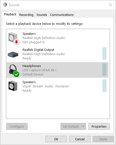 Open the Properties dialog box of playback devices