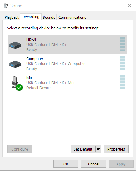 Open the Properties dialog box of recording devices