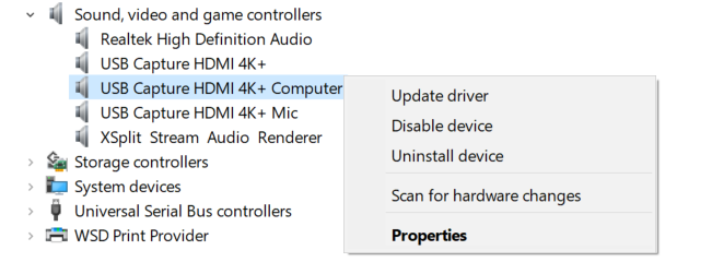 Uninstall the capture device in Device Manager