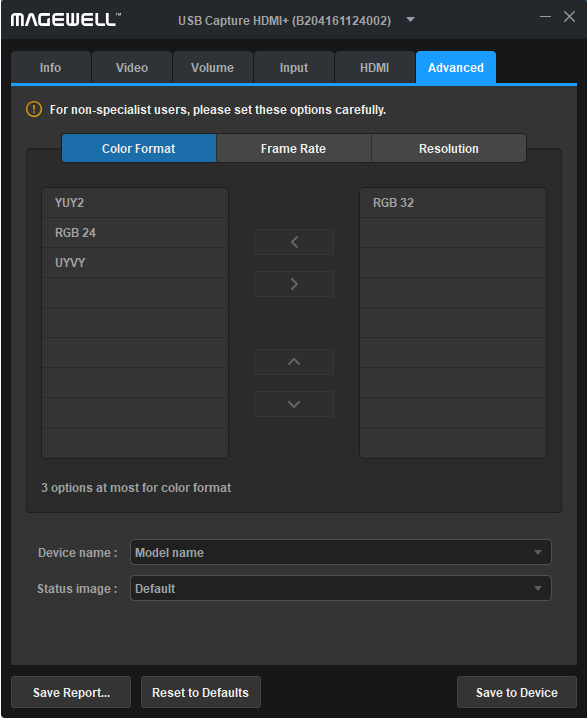 Set capture color format in USB Capture Utility V3