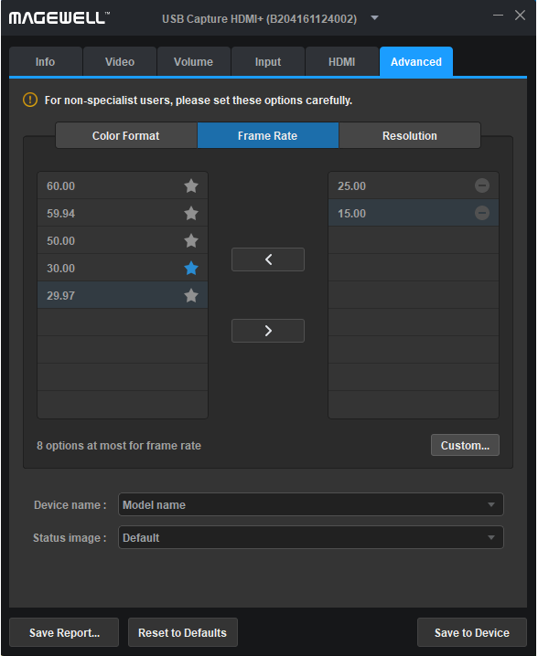 Customize frame rate in USB Capture Utility V3