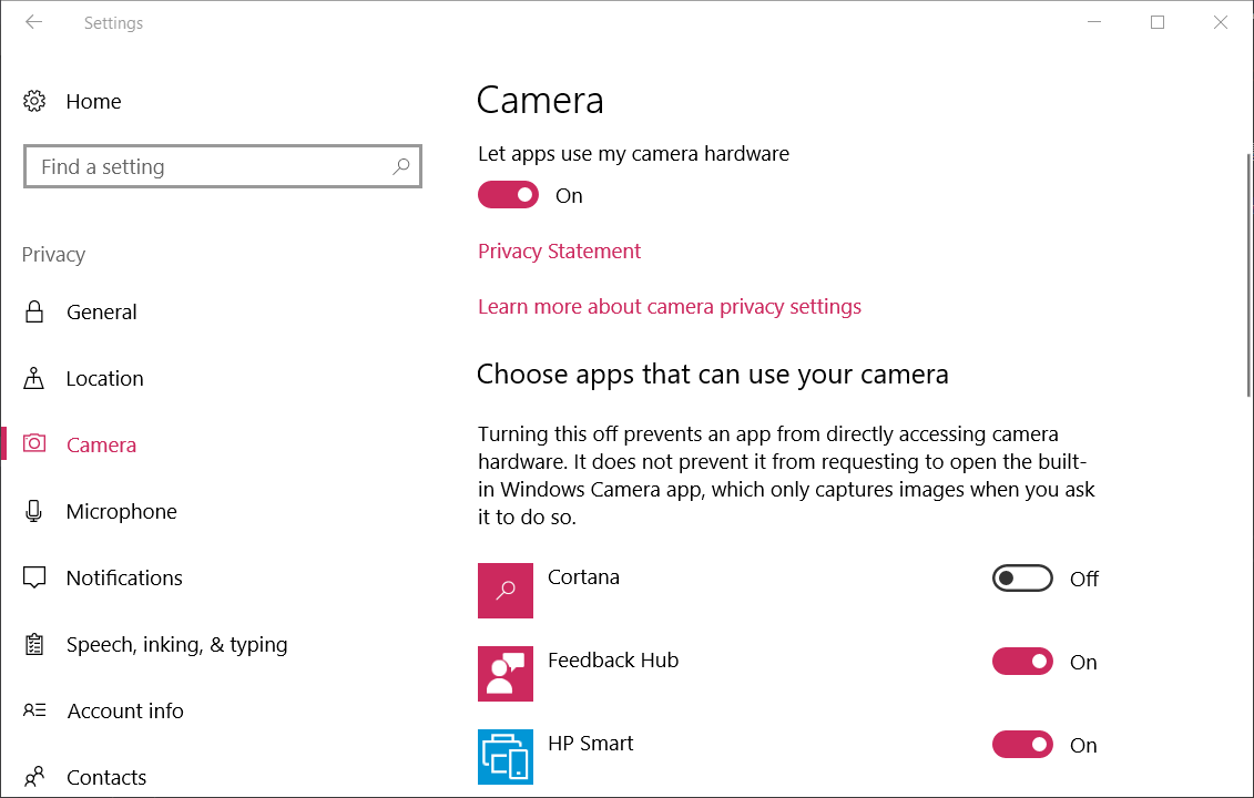 Camera privacy settings