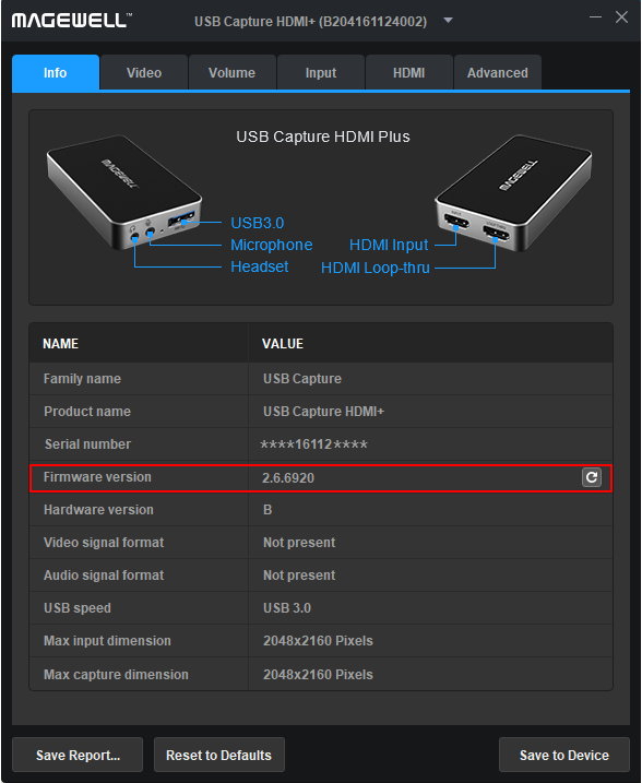 View the firmware version in USB Capture Utility V3
