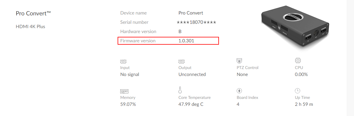 Example of Pro Convert's firmware version