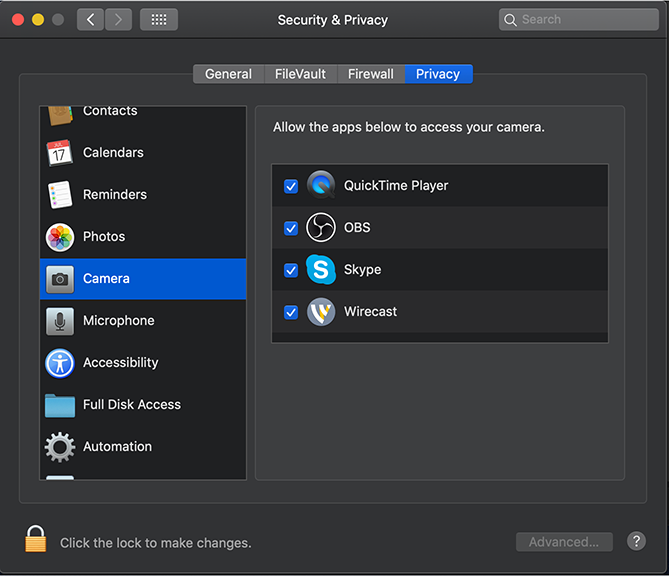 Camera privacy settings in MacOS