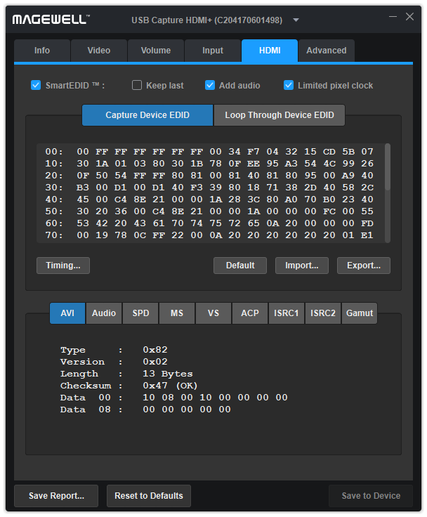 The HDMI tab page of USB Capture Utility V3