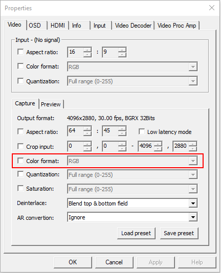 Set color format in the driver panel