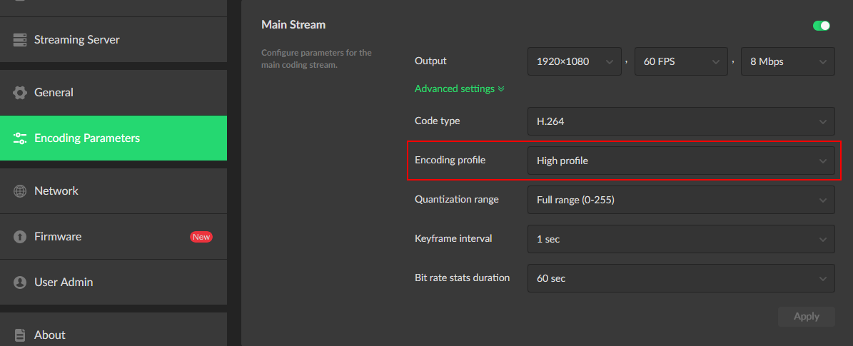 Use Web UI to set encoding profile