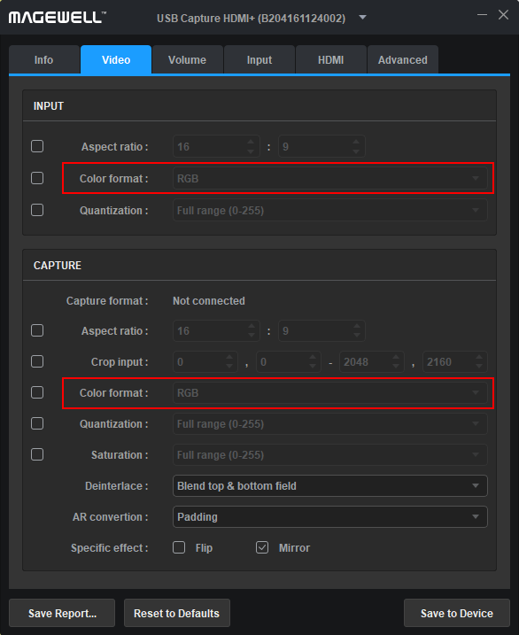 Set input color format in USB Capture Utility V3