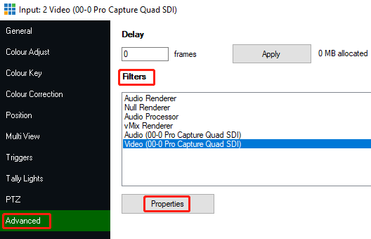 Set the properties of the input source in vMix - 2