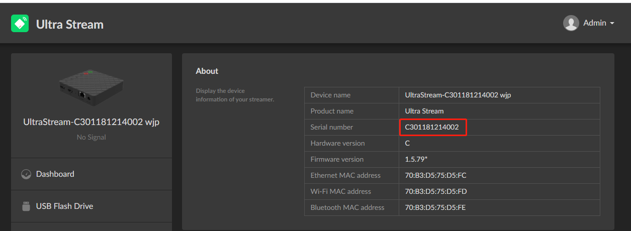 Example of Ultra Stream's serial number